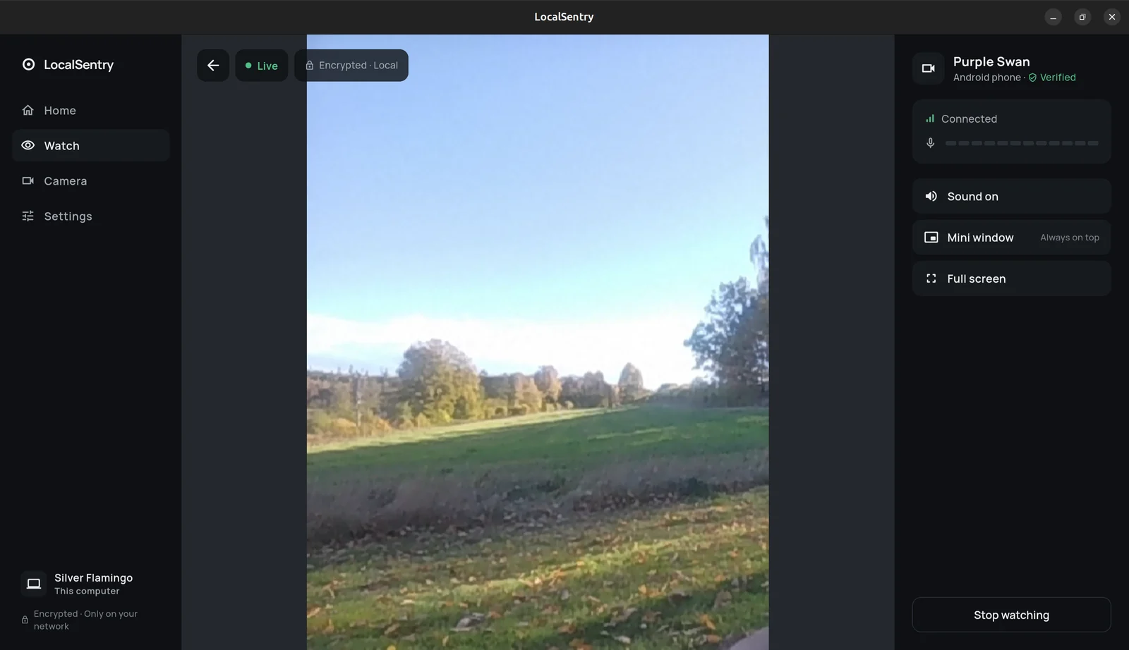 LocalSentry on a computer showing the picture from a phone, live.